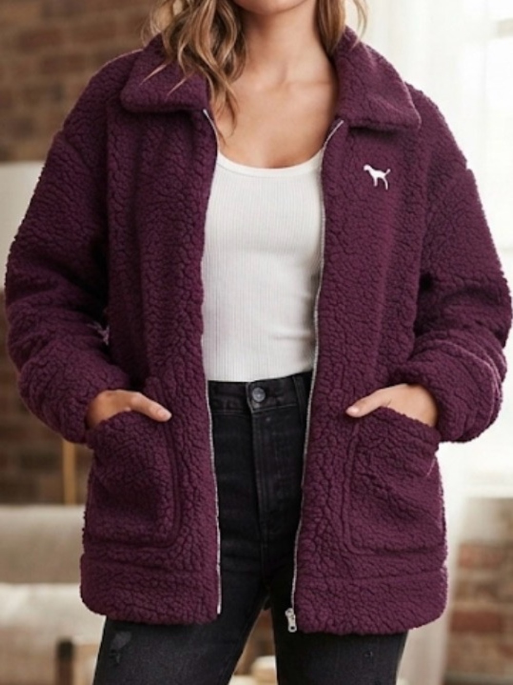 PINK Victoria's Secret Plum Purple Sherpa Fleece Zip-Up Jacket w/ Pockets Large
